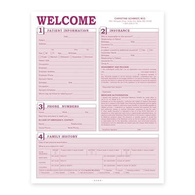 Custom Welcome Registration and History Forms, 8-1/2 x 11, 250 Sheets per Pack