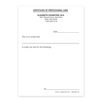 Custom Carbonless 2-Part Certificate of Professional Care Forms, 4 x 5-1/2, 50 Sets per pad