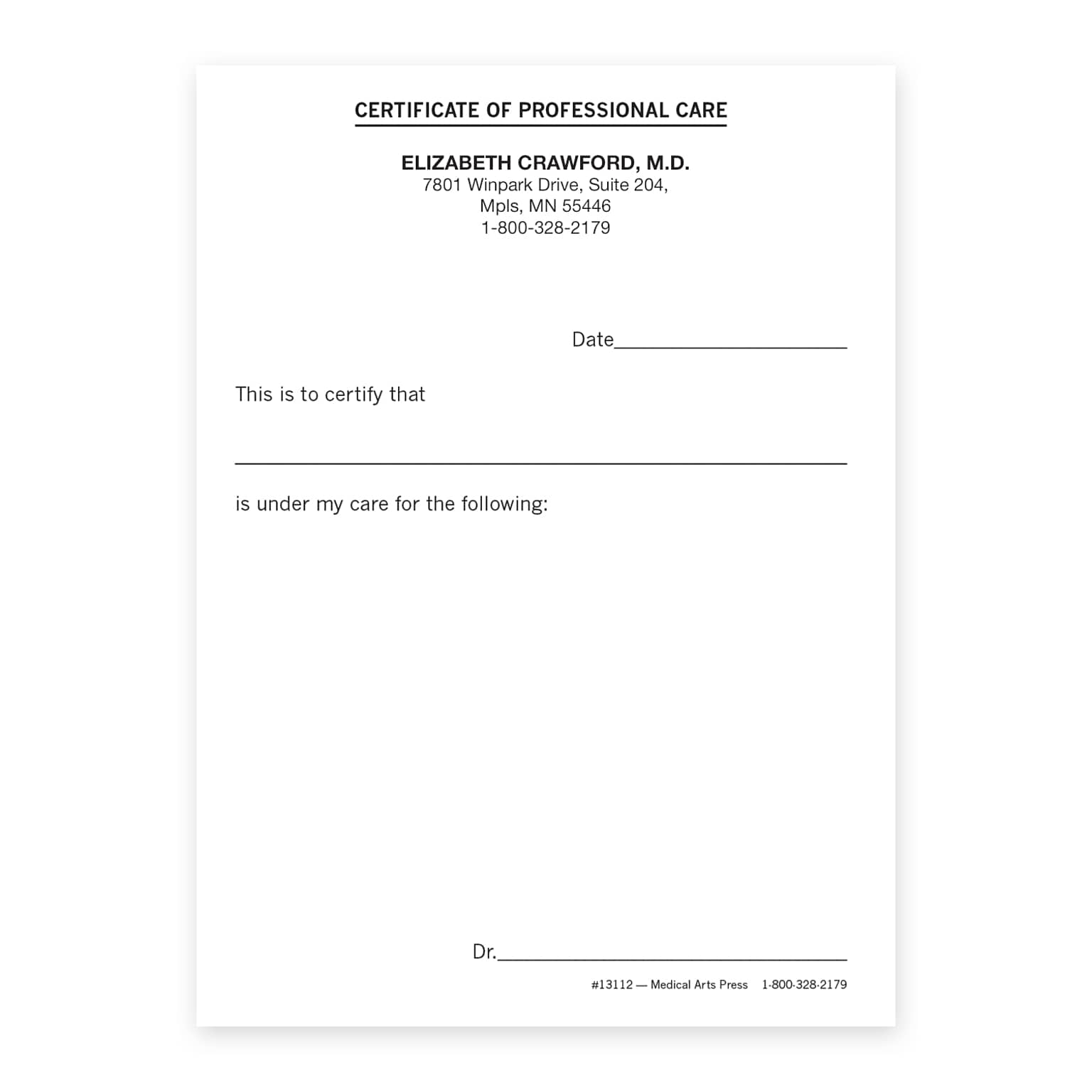 Custom Carbonless 2-Part Certificate of Professional Care Forms, 4 x 5-1/2, 50 Sets per pad