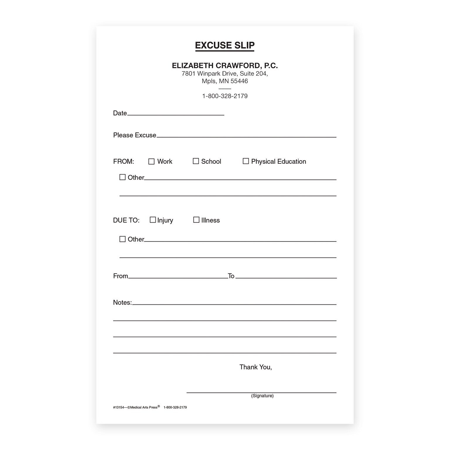 Custom Illness / Injury Excuse Slips, 5-1/2 x 8-1/2, 100 Sheets per Pad