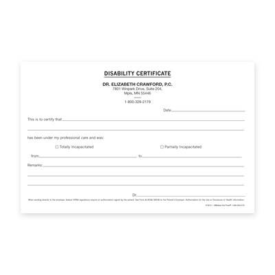 Custom Disability Certification Slips, 8-1/2 x 5-1/2, 100 Sheets per Pad