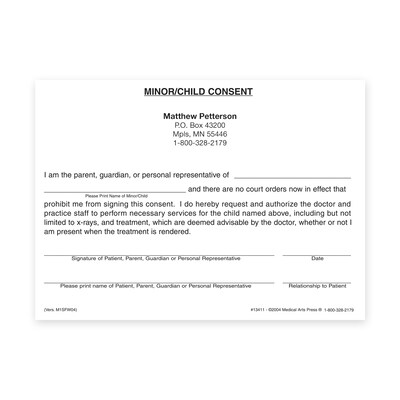 Custom Minor/Child Consent Form Slips, 5-1/2" x 4", 100 Sheets per Pad