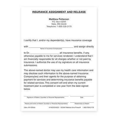 Custom Insurance Assignment Release Slips, 4 x 5-1/2, 100 Sheets per Pad
