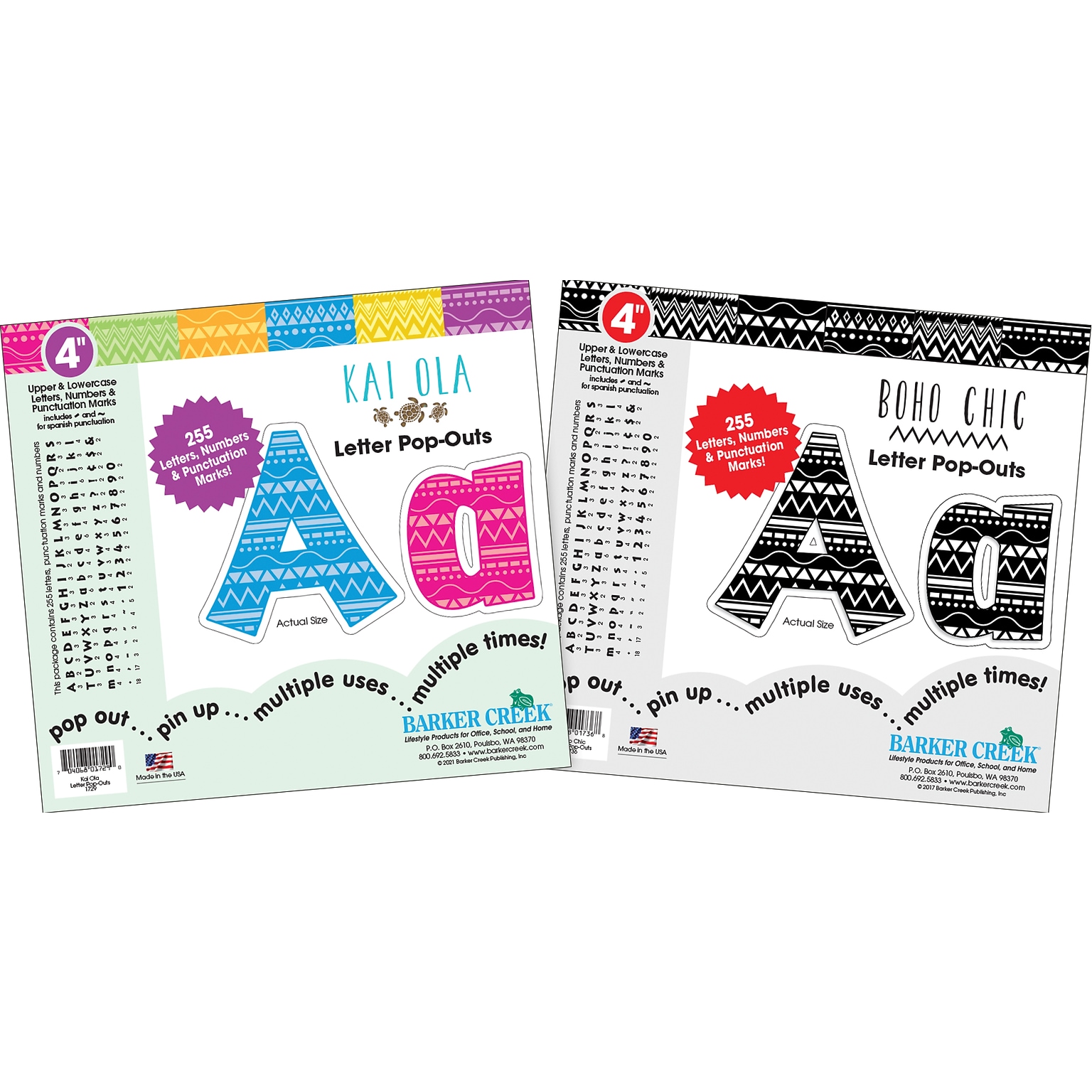 Barker Creek 4 Letter Pop-Out 2-Pack, Boho Chic & Kai Ola, 510 Characters/Set (BC3851)