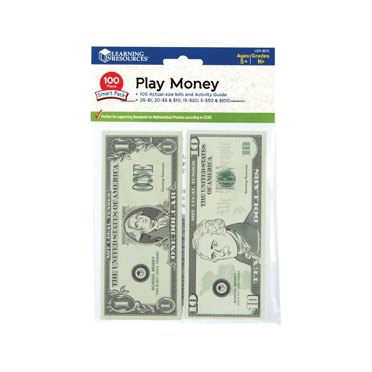 Learning Resources Play Money Smart Pack, Green, 100/Pack (LER 3670)