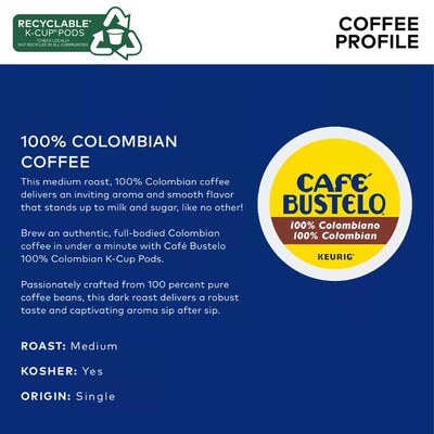 Cafe Bustelo 100% Colombian Coffee, Keurig® K-Cup® Pods, Medium Roast, 24/Box, 4 Boxes/Carton (112439)