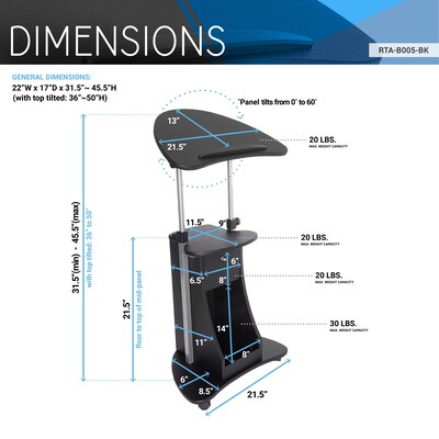 Techni Mobili Adjustable Table, Heavy-Duty MDF (RTA-B005-BK46)