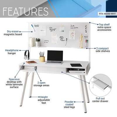 Techni Mobili 47" Computer Desk with Storage and Dry-Erase Whiteboard, White (RTA-4820D-WHT)