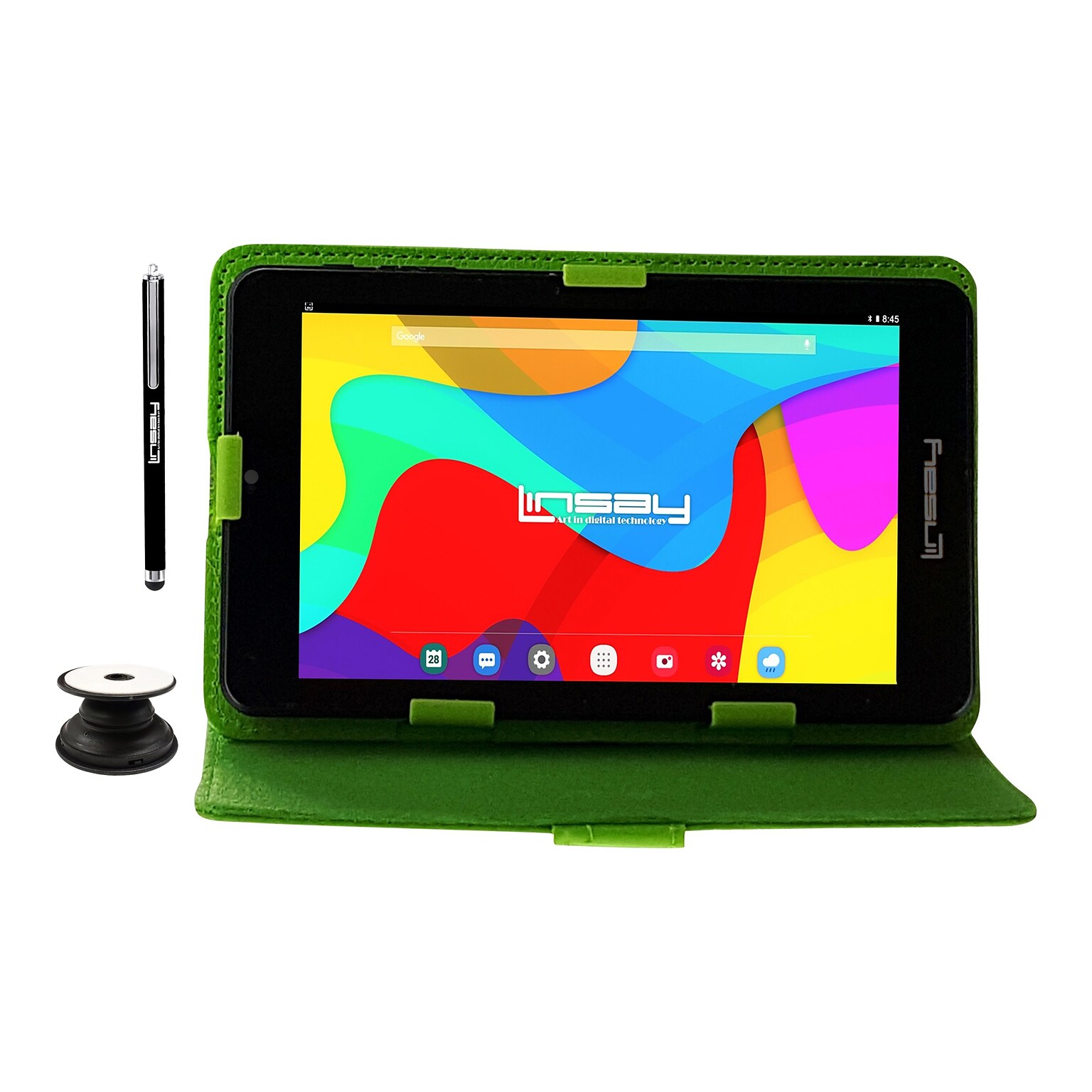 Linsay 7 Tablet with Pop-Up Holder, Stylus & Green Leather Case, WiFi, 2GB RAM, 64GB Storage, Android 13 (F7UHDCGP)