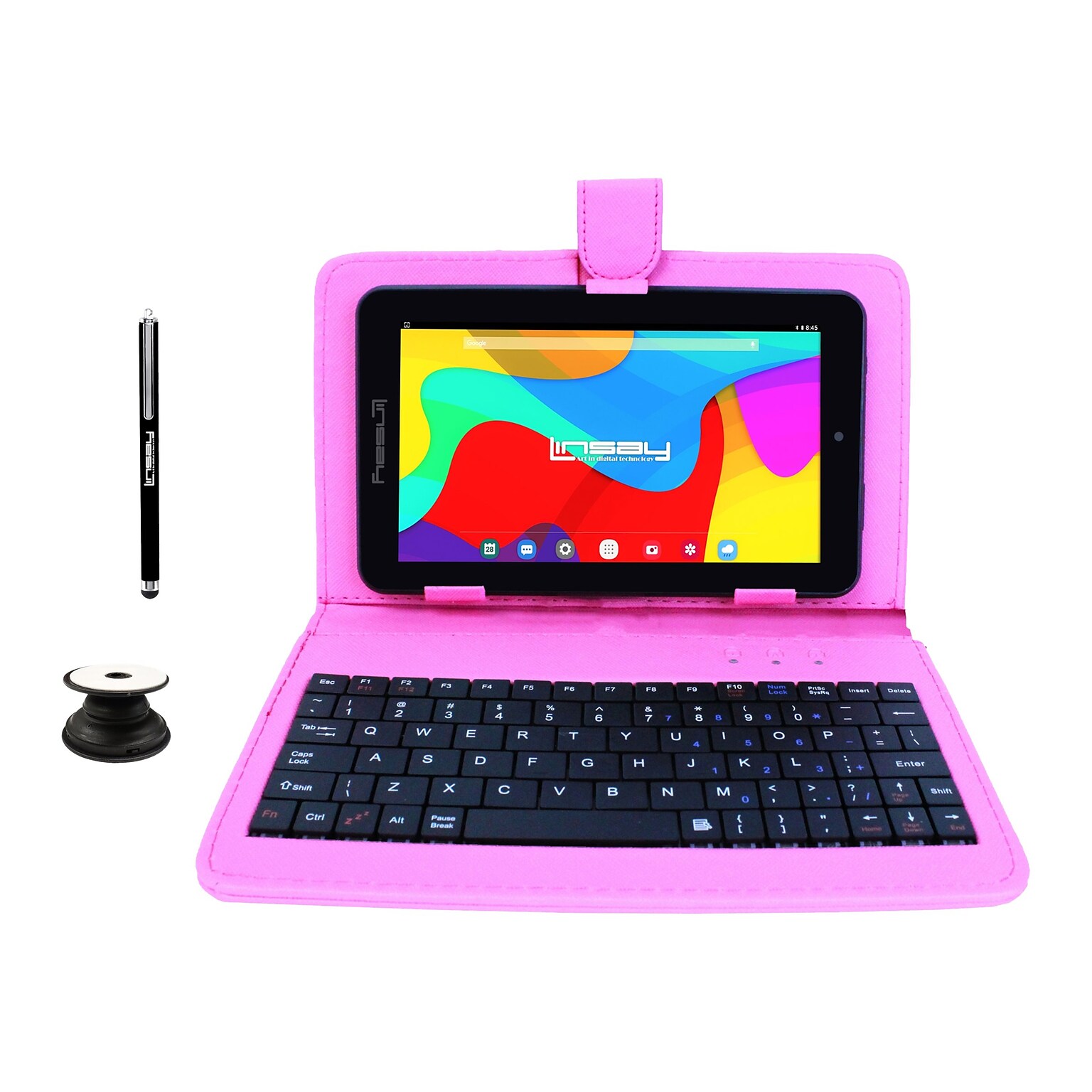 Linsay 7 Tablet with Pop-Up Holder, Stylus & Pink Leather Case, , WiFi, 2GB RAM, 64GB Storage, Android 13 (F7UHDBKSPINKP)