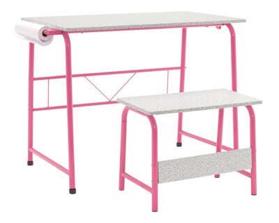 Studio Designs 35.5"W Project Center Corner Table, Pink Frame and Spatter Gray Top (55125)