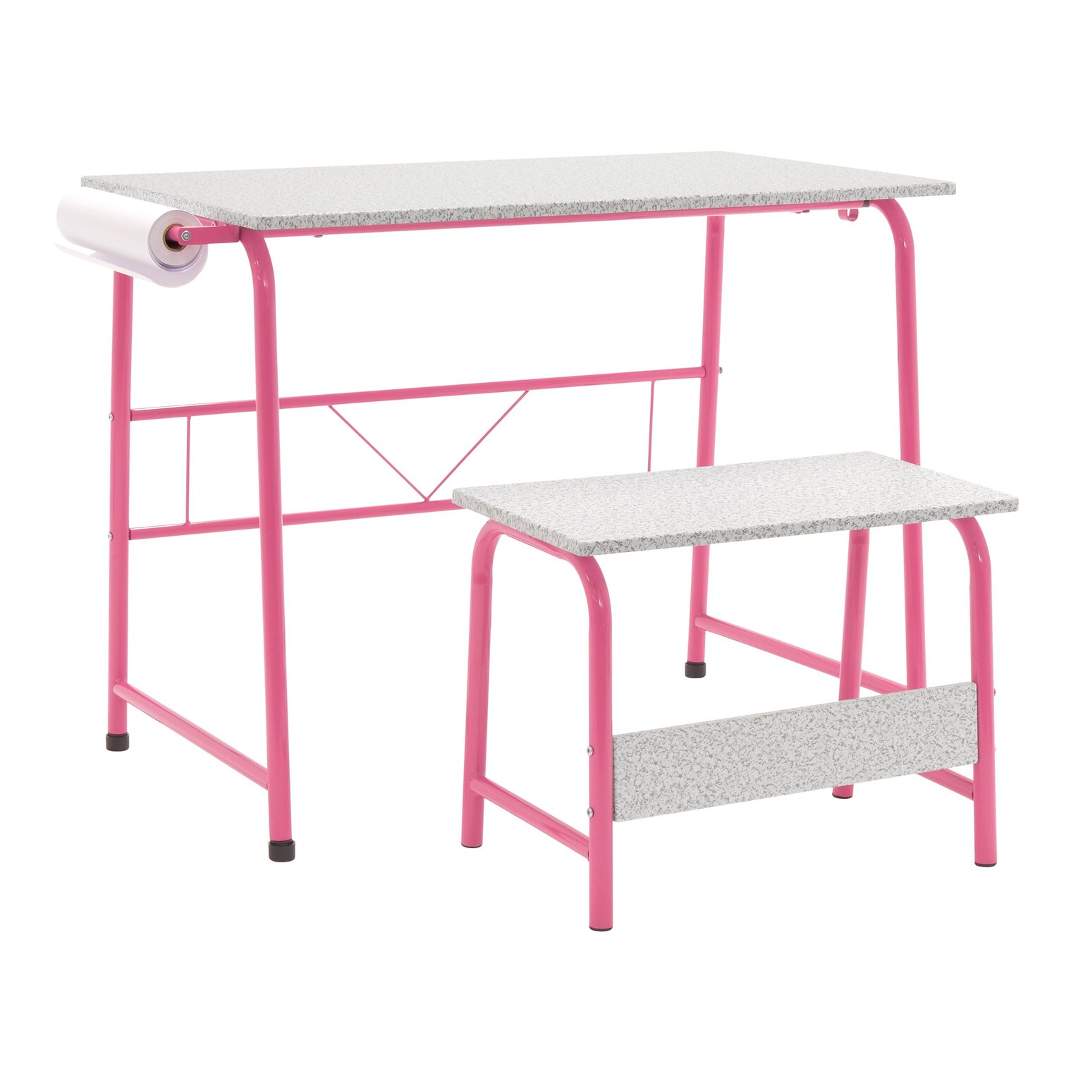 Studio Designs 35.5W Project Center Corner Table, Pink Frame and Spatter Gray Top (55125)