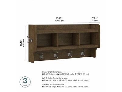 Bush Furniture Woodland 40W Wall Mounted Coat Rack with Shelf, Ash Brown (WDH340ABR-03)