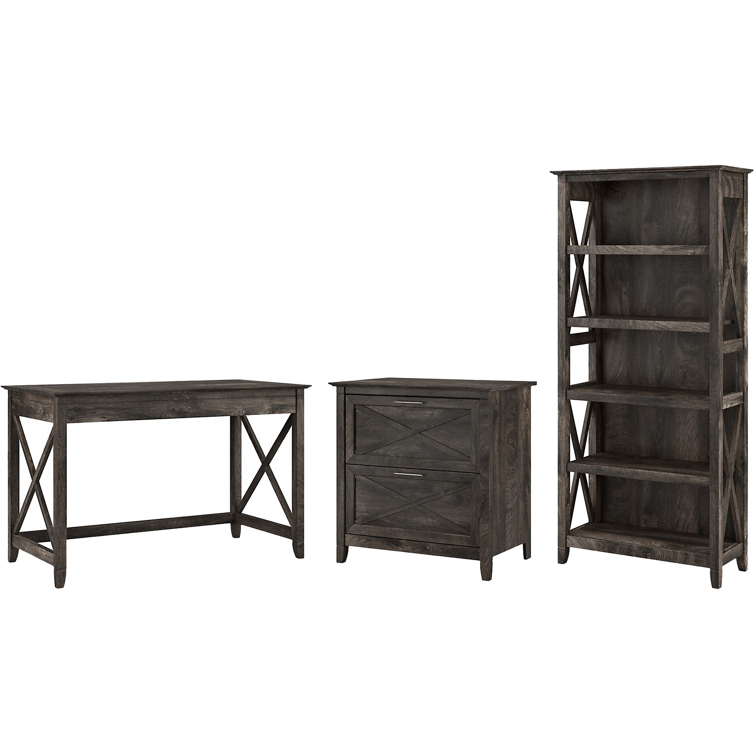 Bush Furniture Key West 48W Writing Desk with 2 Drawer Lateral File Cabinet and 5 Shelf Bookcase, Dark Gray Hickory (KWS004GH)