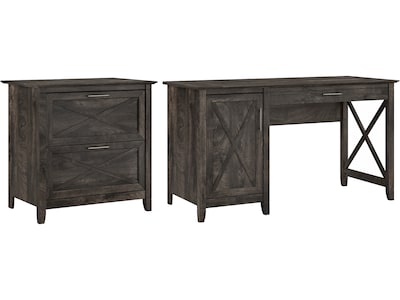 Bush Furniture Key West 54W Writing Desk with File Cabinet and 5-Shelf Bookcase, Dark Gray Hickory