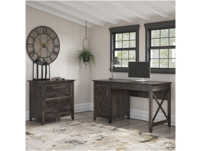 Bush Furniture Key West 54"W Writing Desk with File Cabinet and 5-Shelf Bookcase, Dark Gray Hickory (KWS004GH)