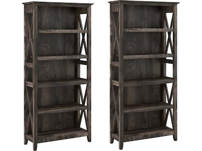 Bush Furniture Key West 66H 5-Shelf Bookcase with Adjustable Shelves, Dark Gray Hickory Wood, 2/Set