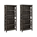 Bush Furniture Key West 66H 5-Shelf Bookcase with Adjustable Shelves, Dark Gray Hickory Wood, 2/Set