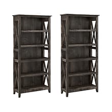 Bush Furniture Key West 66H 5-Shelf Bookcase with Adjustable Shelves, Dark Gray Hickory Wood, 2/Set