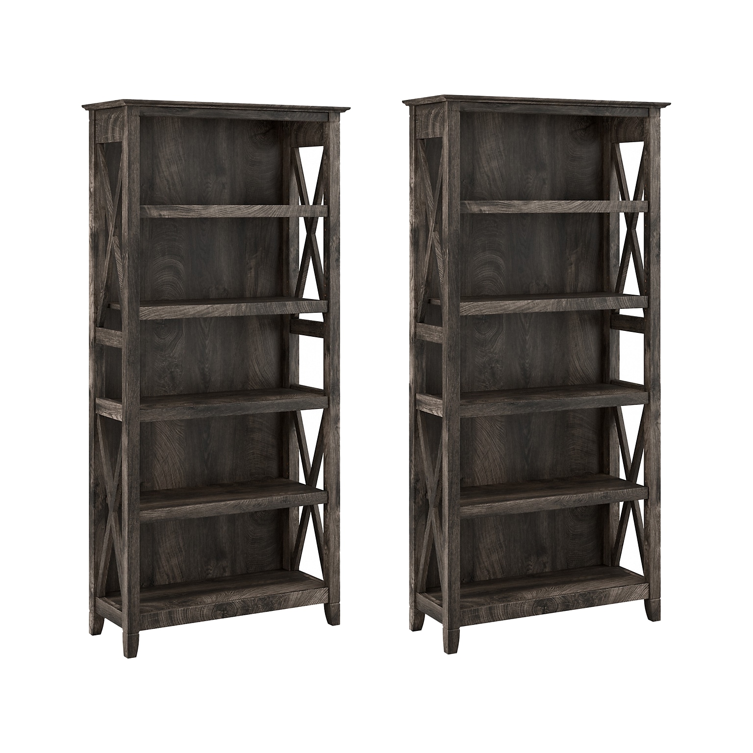 Bush Furniture Key West 66H 5-Shelf Bookcase with Adjustable Shelves, Dark Gray Hickory Wood, 2/Set (KWS046GH)