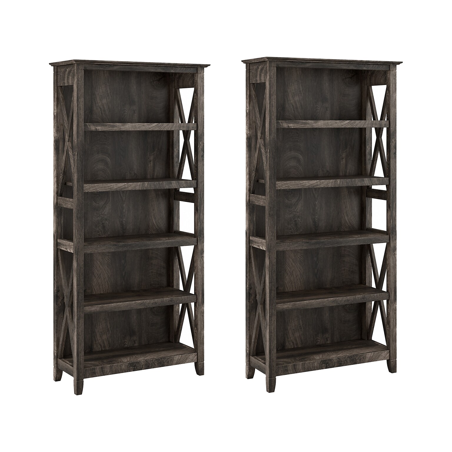 Bush Furniture Key West 66H 5-Shelf Bookcase with Adjustable Shelves, Dark Gray Hickory Wood, 2/Set (KWS046GH)