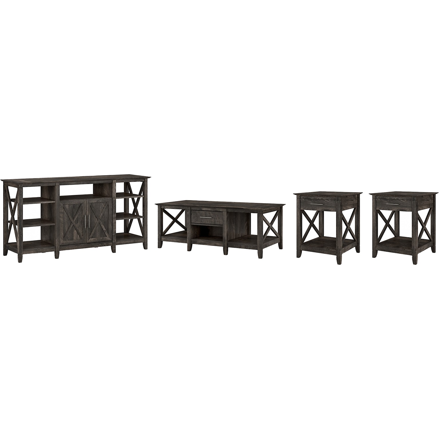 Bush Furniture Key West Tall TV Stand with Coffee Table and 2 End Tables, Dark Gray Hickory, Screens up to 65 (KWS025GH)
