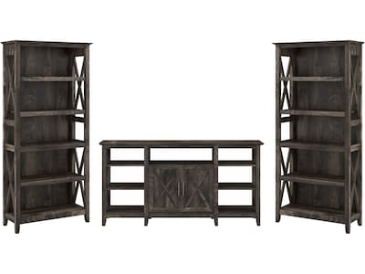 Bush Furniture Key West Tall TV Stand with Set of 2 Bookcases, Dark Gray Hickory, Screens up to 65