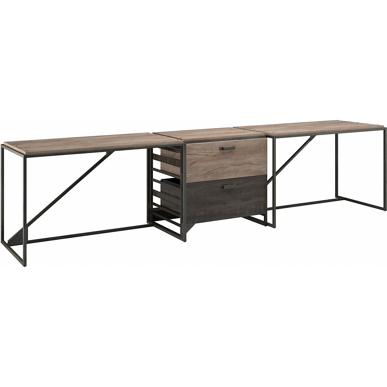 Bush Furniture Refinery 49 Wood 2-Person Industrial Desk Set with Lateral File Cabinet, Rustic Gray/Charred Wood
