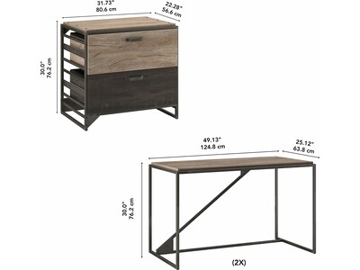Bush Furniture Refinery 49" Wood 2-Person Industrial Desk Set with Lateral File Cabinet, Rustic Gray/Charred Wood