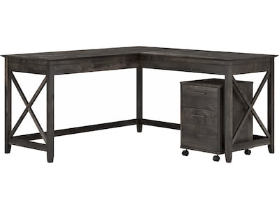 Bush Furniture Key West 60W L Shaped Desk with 2 Drawer Mobile File Cabinet, Dark Gray Hickory (KWS