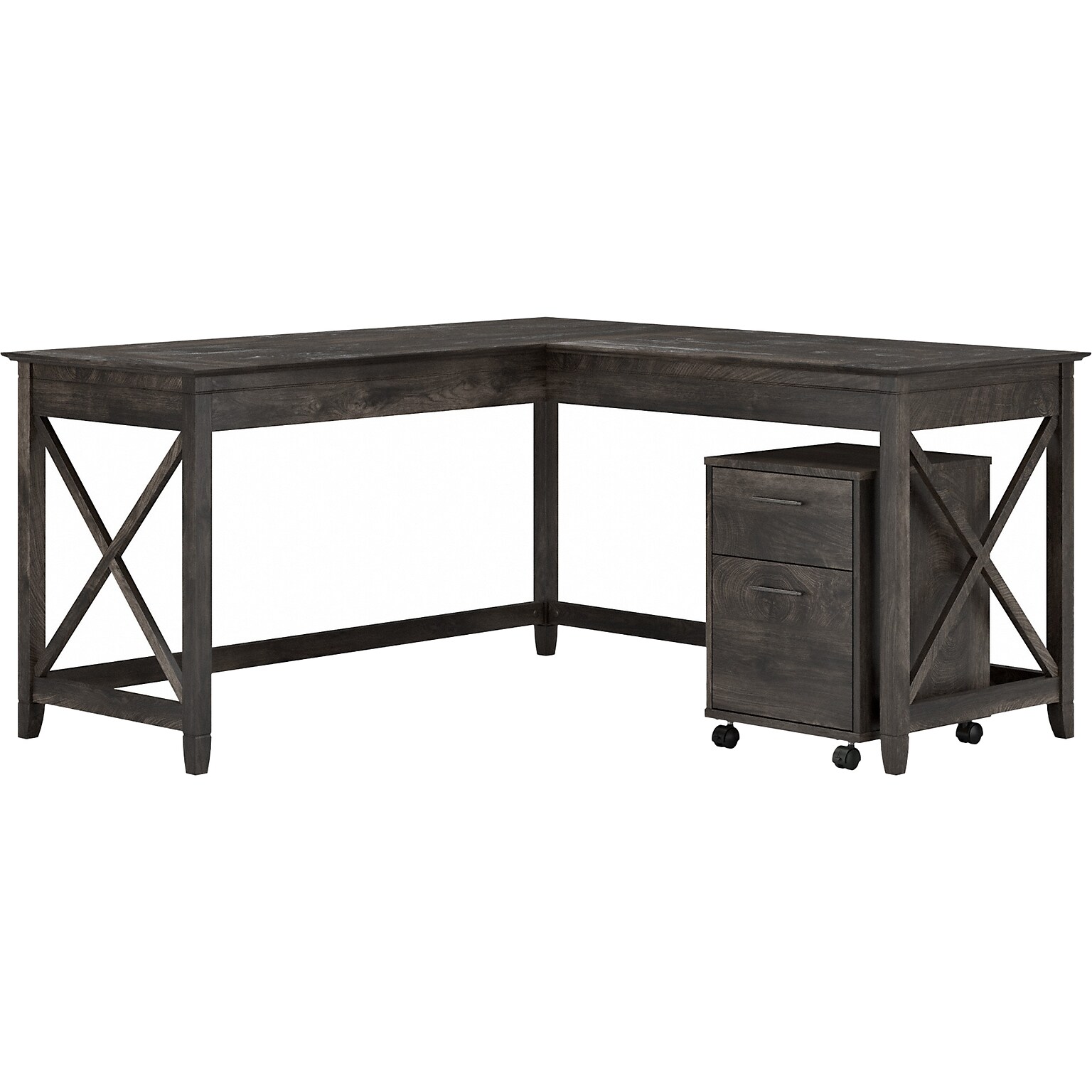 Bush Furniture Key West 60W L Shaped Desk with 2 Drawer Mobile File Cabinet, Dark Gray Hickory (KWS013GH)