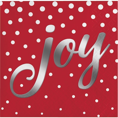 Creative Converting Foil Stamped Holiday Joy Red Beverage Napkins, 5 x 5, 16 pack (324182)