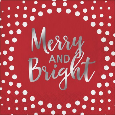 Creative Converting Foil Stamped Holiday Merry and Bright Red Beverage Napkins, 5 x 5, 16 pack (324184)