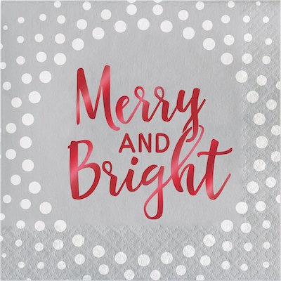 Creative Converting Foil Stamped Holiday Merry and Bright Silver Beverage Napkins, 5 x 5, 16 pack (324185)