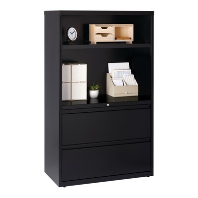 Hirsh 36" 2 Drawer Lateral File Cabinet/Bookcase, Letter/Legal, 2 Drawer, 2 Shelf, Black (16778)