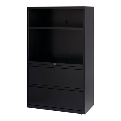 Hirsh 36" 2 Drawer Lateral File Cabinet/Bookcase, Letter/Legal, 2 Drawer, 2 Shelf, Black (16778)