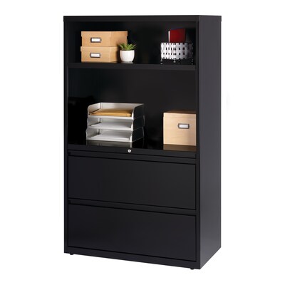 Hirsh 36" 2 Drawer Lateral File Cabinet/Bookcase, Letter/Legal, 2 Drawer, 2 Shelf, Black (16778)