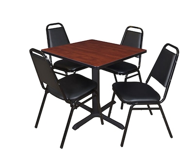 Regency Cain 30 Square Breakroom Table, Cherry & 4 Restaurant Stack Chairs, Black (TB3030CH29BK)