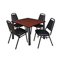 Regency Kee 36 Square Breakroom Table- Cherry/ Black with 4 Restaurant Stack Chairs- Black (TB3636CHPBK29BK)