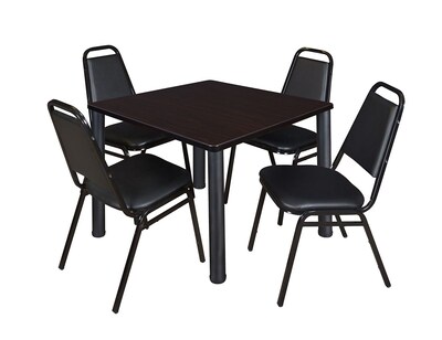 Regency Kee 42 Square Breakroom Table- Mocha Walnut/ Black with 4 Restaurant Stack Chairs- Black (TB4242MWPBK29BK)