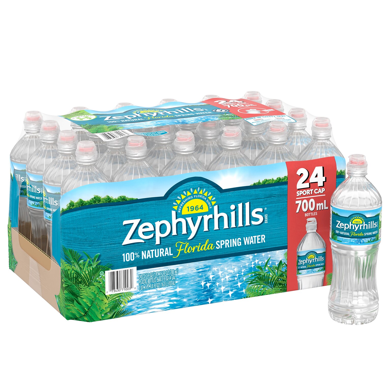 Zephyrhills 100% Natural Spring Water, Regular Flavor, 700ml Bottles with Sport Cap, 24/Carton (12087206)