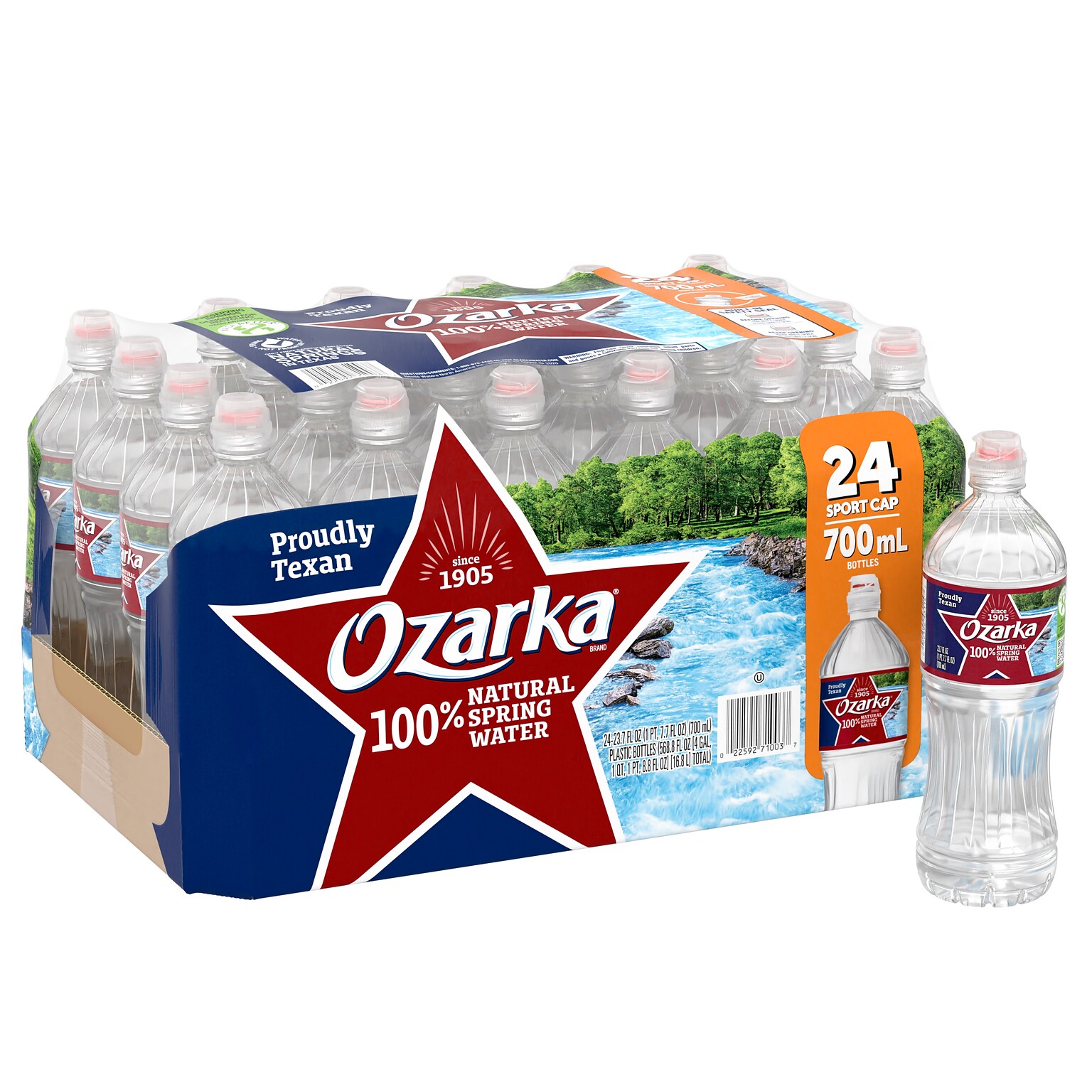 Ozarka 100% Natural Spring Water, Regular Flavor, 700ml Bottles with Sport Cap, 24/Carton (12086825)