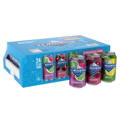 Ice Mountain Sparkling Water, Black Cherry, Lemon Lime, and Raspberry Lime, 12 oz. Cans, 24/Carton (12349689)