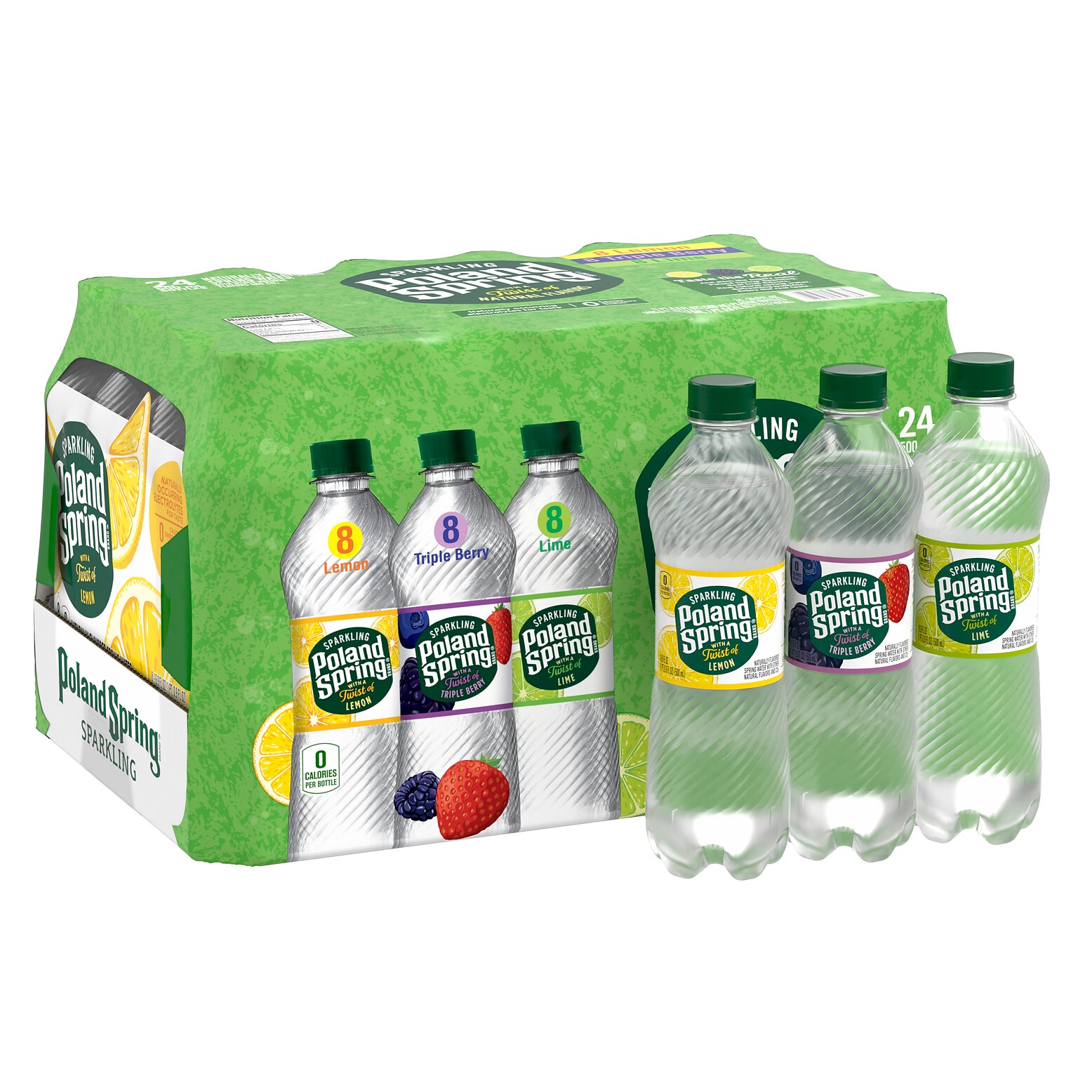 Poland Spring Sparkling Water, Lime, Triple Berry & Lemon, 16.9 oz. Bottles, 24/Carton (12410094)