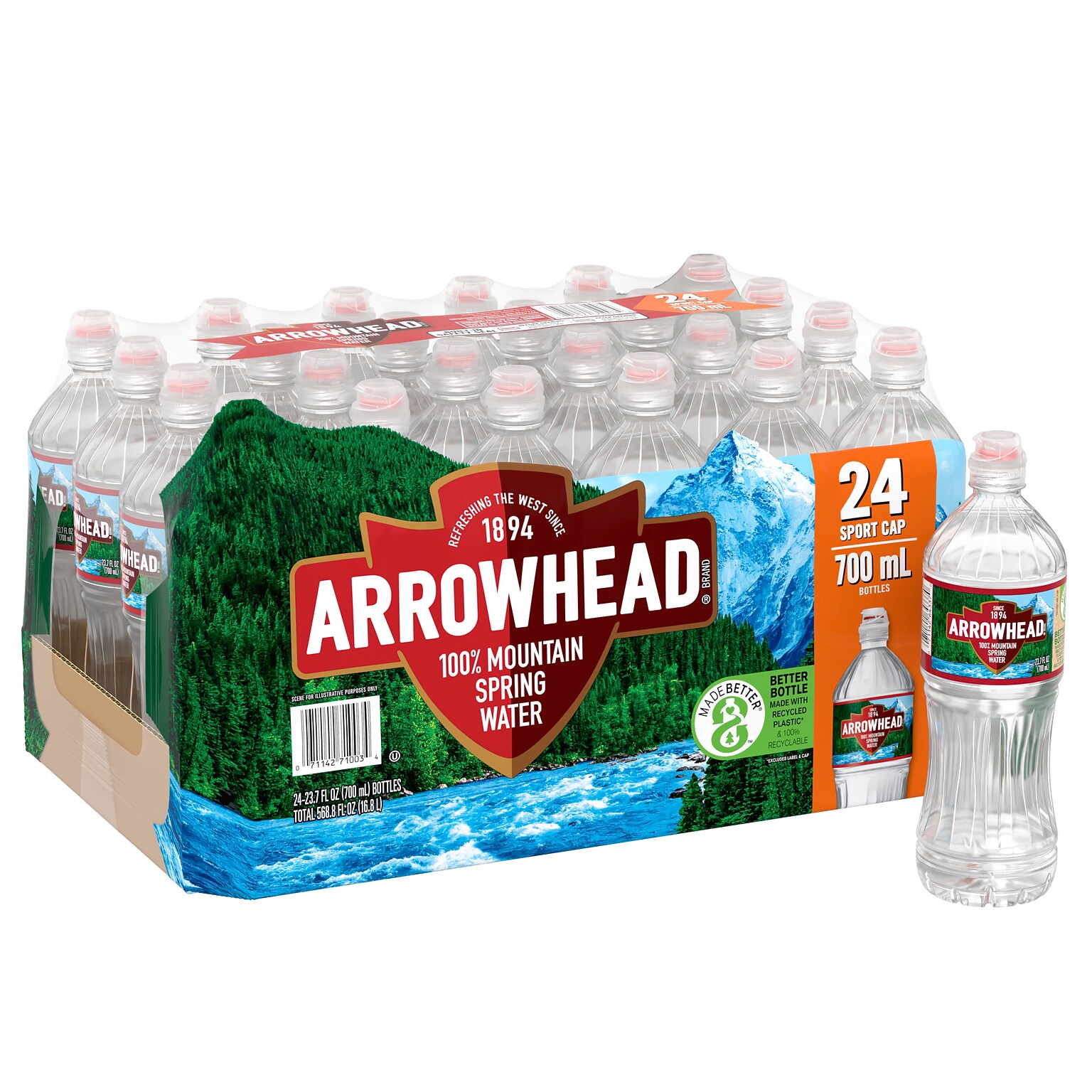 Arrowhead 100% Mountain Spring Water, Regular Flavor, 700ml Bottles with Sport Cap, 24/Carton (12086824)