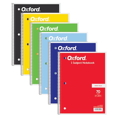 Oxford 1-Subject Notebooks, 8" x 10.5", Wide Ruled, 70 Sheets, Assorted Colors, 6/Bundle (ESS65002-6)