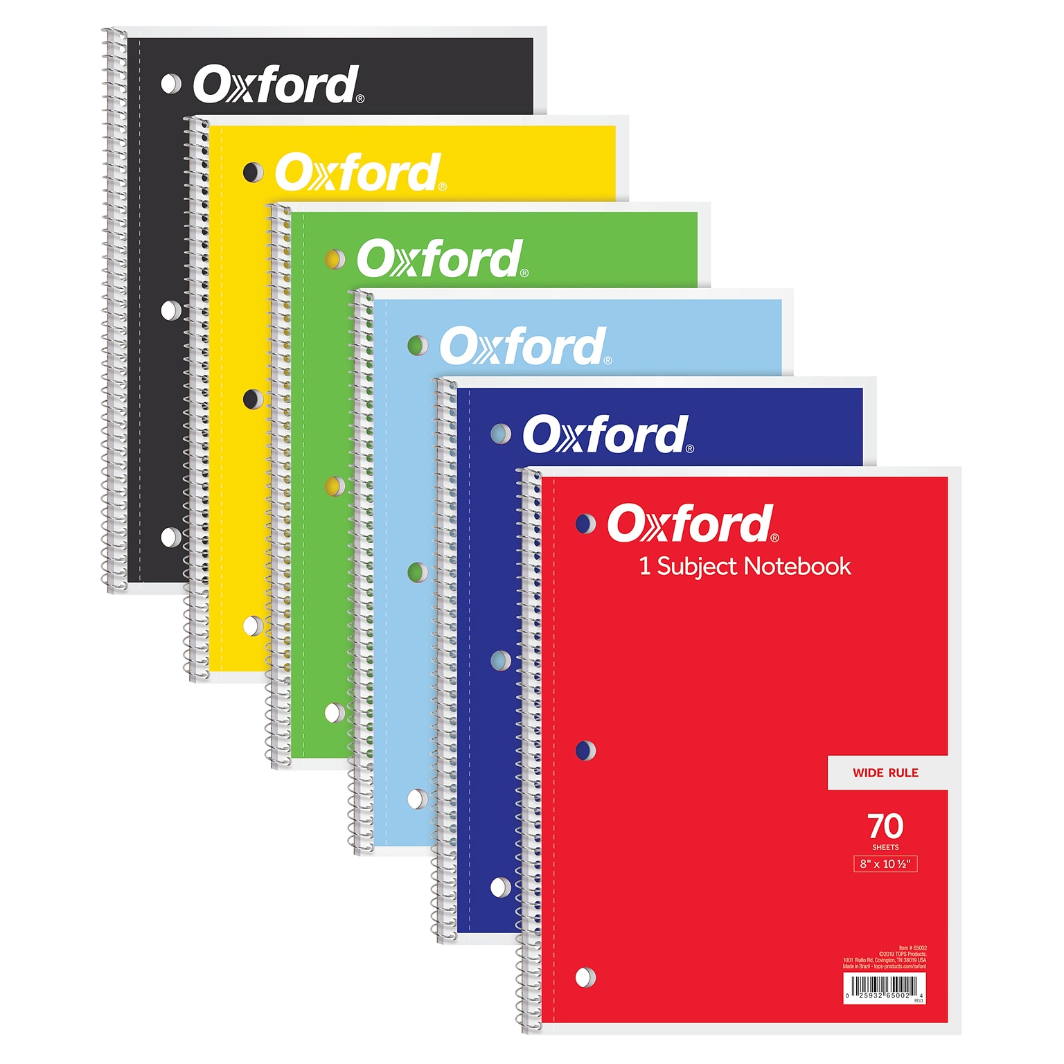 Oxford 1-Subject Notebooks, 8 x 10.5, Wide Ruled, 70 Sheets, Assorted Colors, 6/Bundle (ESS65002-6)