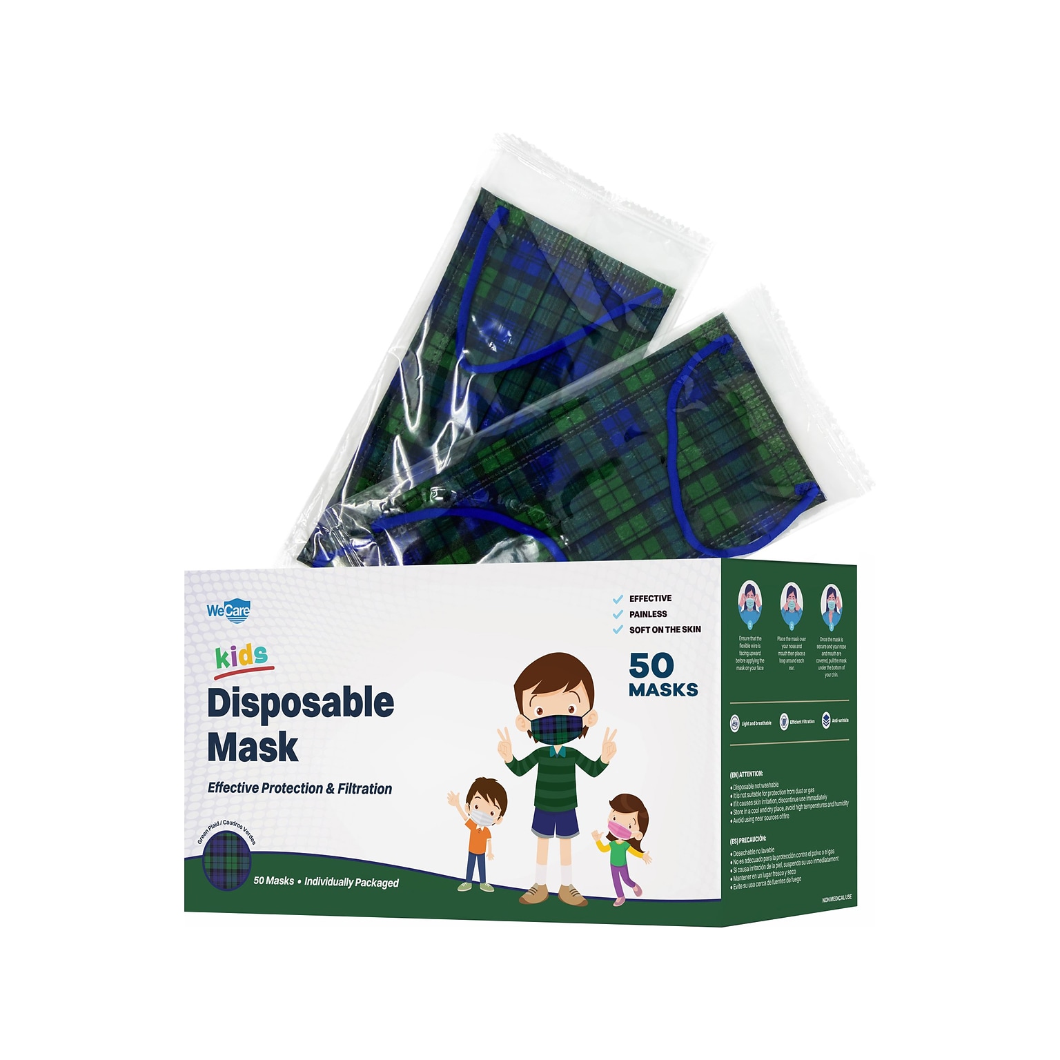 WeCare Disposable Face Mask, 3-Ply, Kids, Green Plaid, 50/Box (WMN100049)