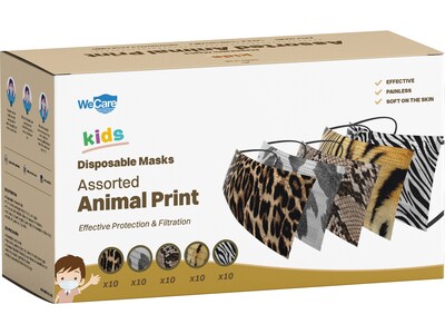 WeCare Individually Wrapped  Disposable Face Masks, 3-Ply, Kids, Assorted Animal Prints, 50/Box (WMN