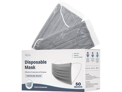 WeCare Individually Wrapped Disposable Face Mask, 3-Ply, Adult, Gray, 50/Box (WMN100016)